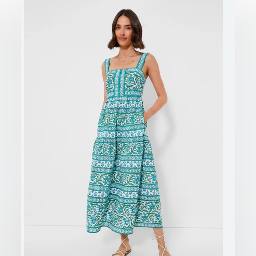 pink city prints – Lucia dress – aqua multi – organic cotton - block print